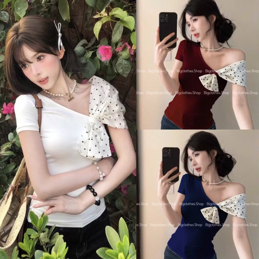 Áo tiểu thư lệch vai phối nơ chấm bi dịu dàng A184 | BigBuy360 - bigbuy360.vn