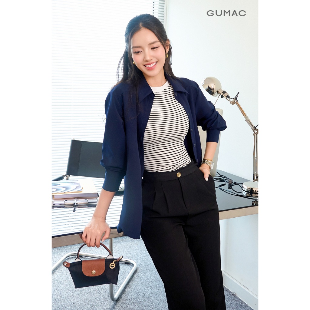 Áo Sơ Mi Nữ Tay Dài GUMAC Form Suông Vai Xệ Chất Kaki Thun Mềm Mát Công Sở AF07031