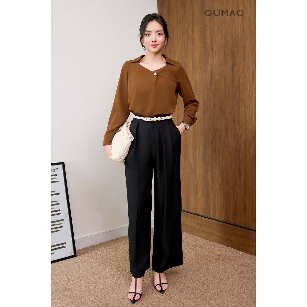 Quần Tây Nữ GUMAC Chiết Ly Ống Rộng Bản Lưng Phối Đỉa To Cách Điệu QF07026