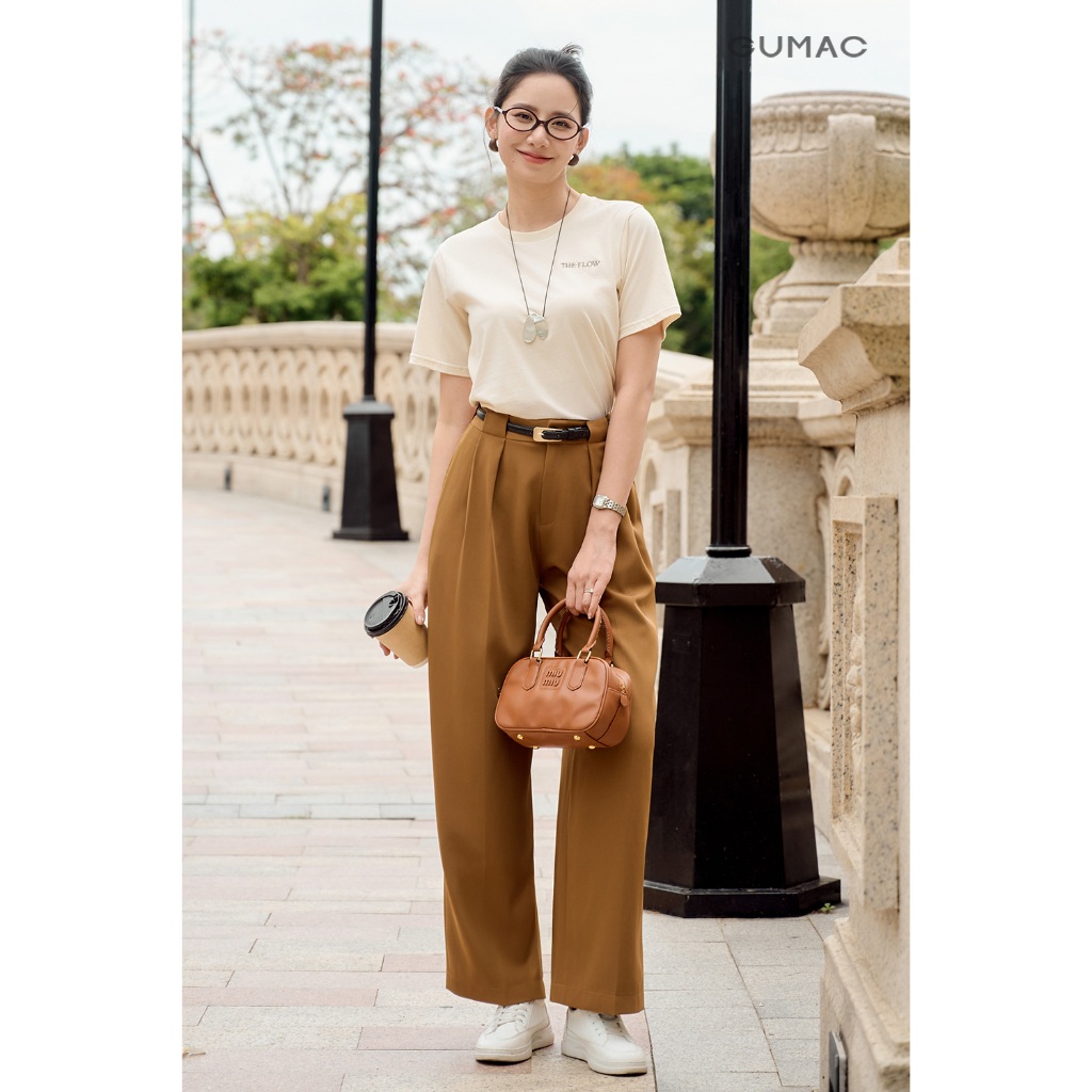 Quần Tây Nữ GUMAC Chiết Ly Ống Rộng Bản Lưng Phối Đỉa To Cách Điệu QF07026