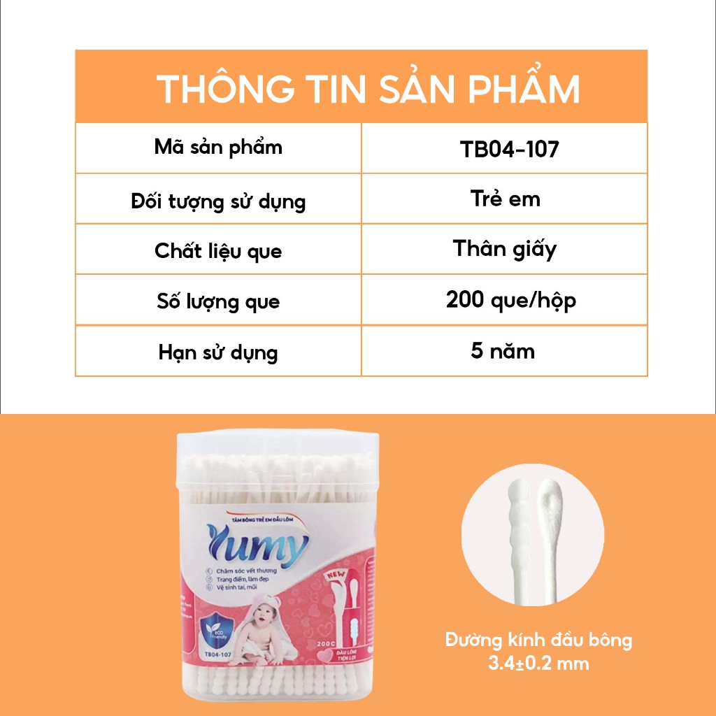 Combo 10 hộp Tăm bông trẻ em YUMY Baby 200 que 2 đầu lõm - xoắn bông mềm vệ sinh đa năng (TB04-107)