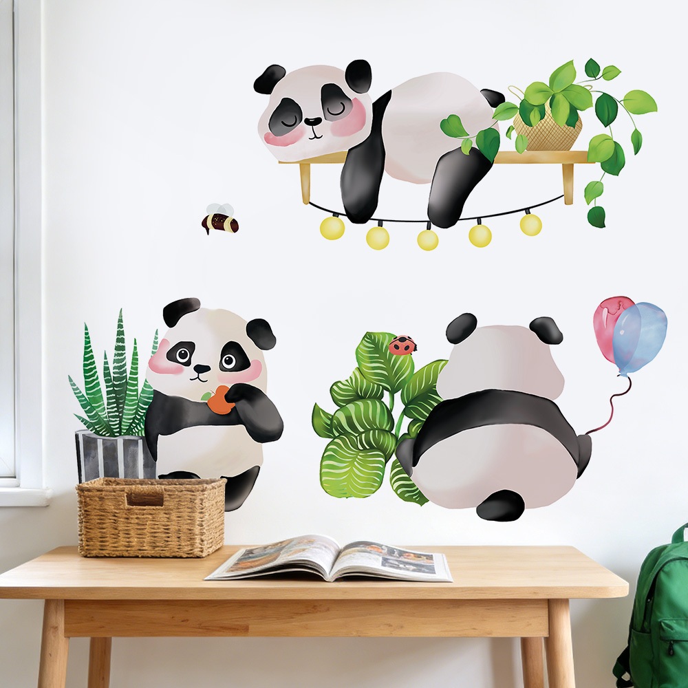 Decal Dán Tường Gấu Trúc Vui Chơi Đáng Yêu Có Keo Sẵn 87x71cm - Trang Trí Phòng Cho Bé