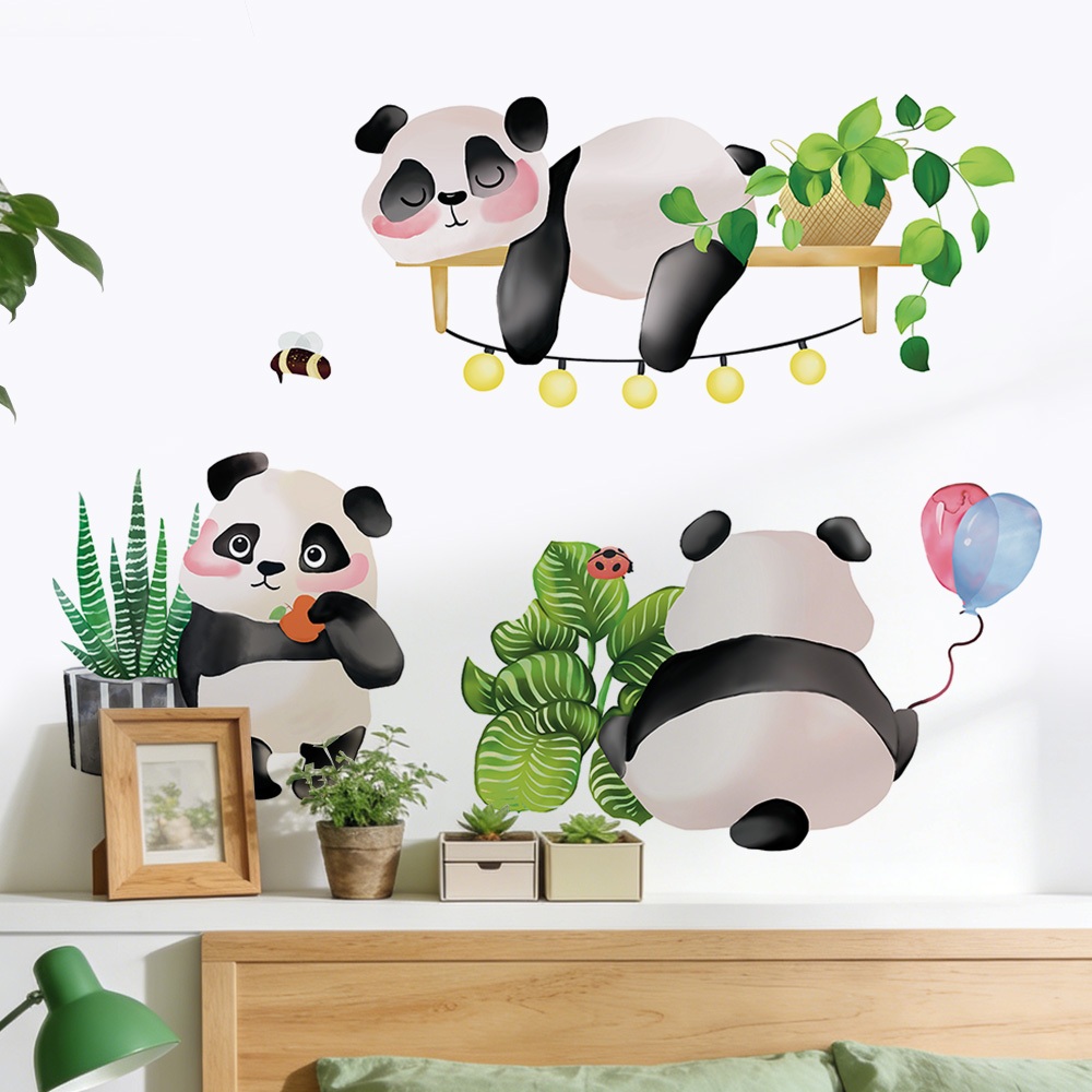 Decal Dán Tường Gấu Trúc Vui Chơi Đáng Yêu Có Keo Sẵn 87x71cm - Trang Trí Phòng Cho Bé