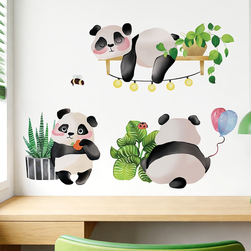 Decal Dán Tường Gấu Trúc Vui Chơi Đáng Yêu Có Keo Sẵn 87x71cm - Trang Trí Phòng Cho Bé