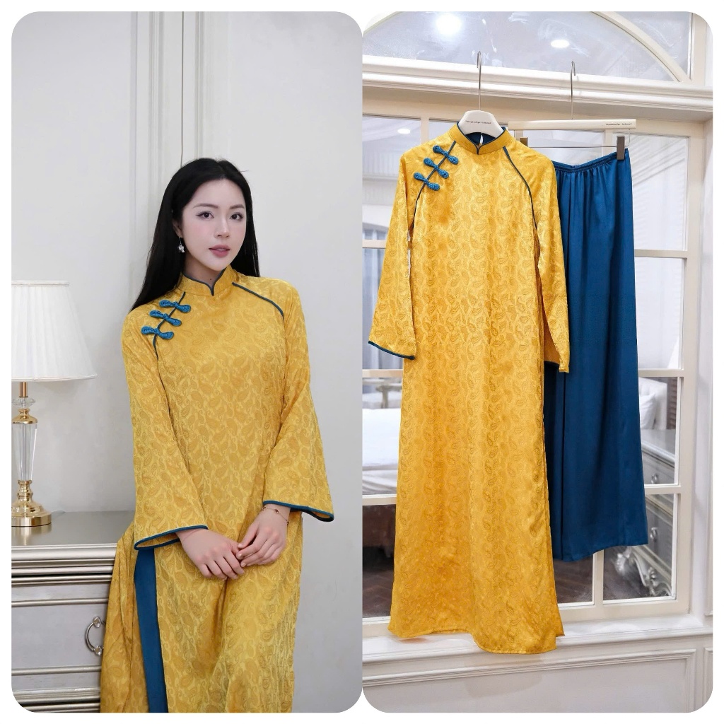 Set Áo dài suông dài tay cách tân cổ cao đính khuy vải xanh phối đỏ chất lụa gấm Quần ống rộng mặc tết lễ xinh T1446G