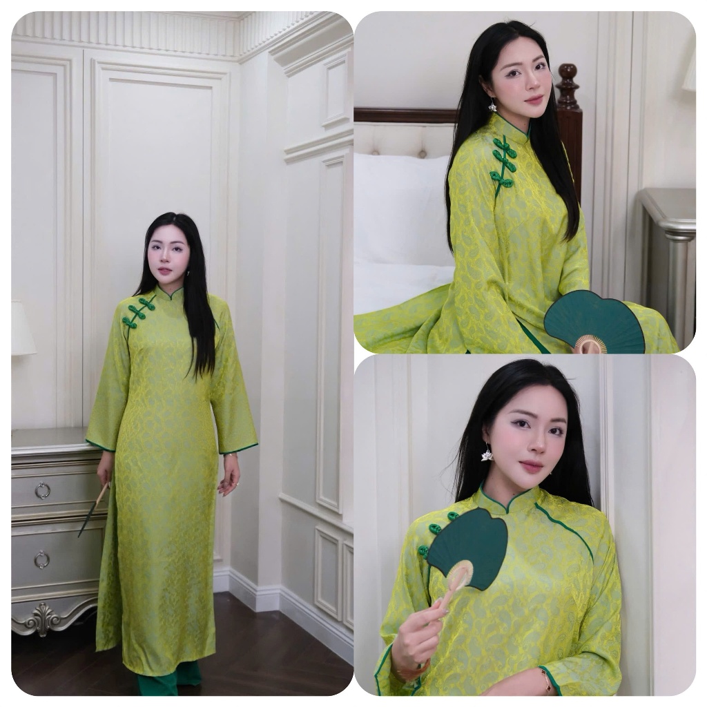 Set Áo dài suông dài tay cách tân cổ cao đính khuy vải xanh phối đỏ chất lụa gấm Quần ống rộng mặc tết lễ xinh T1446G