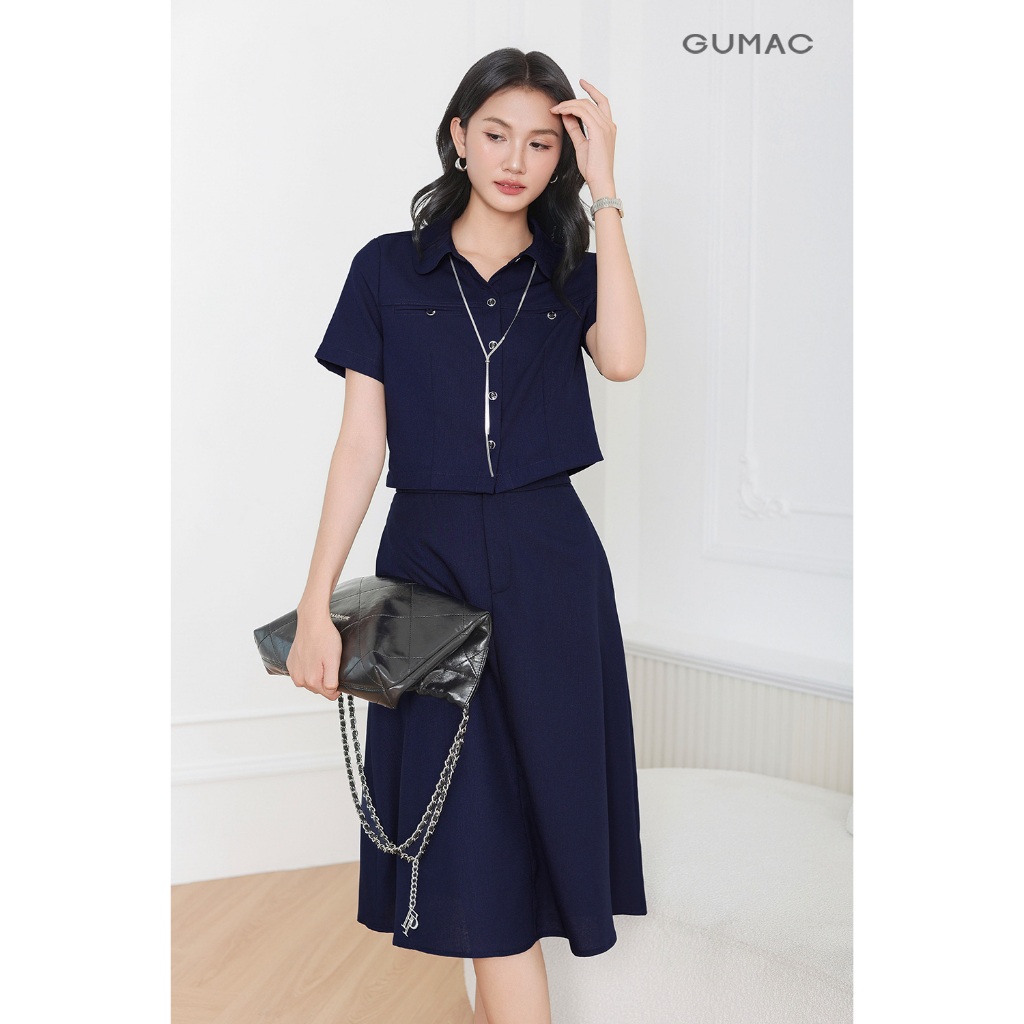 Set Lẻ Áo Kiểu Nữ GUMAC Form Lửng Cổ Lá Sen Cách Điệu AF04012 - Chân Váy A Xòe Có Túi Thanh Lịch VF04013