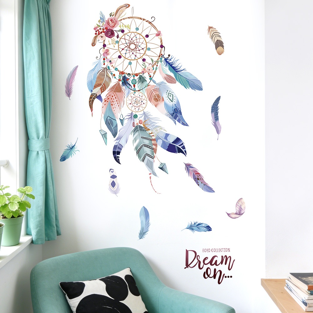Decal Dán Tường Dreamcatcher Lông Vũ Có Keo Sẵn 100x63cm - Trang Trí Phòng Ngủ Phòng Khách