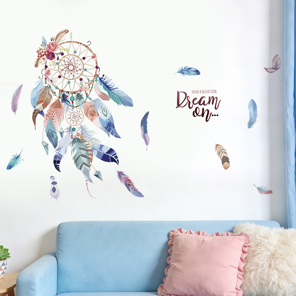 Decal Dán Tường Dreamcatcher Lông Vũ Có Keo Sẵn 100x63cm - Trang Trí Phòng Ngủ Phòng Khách