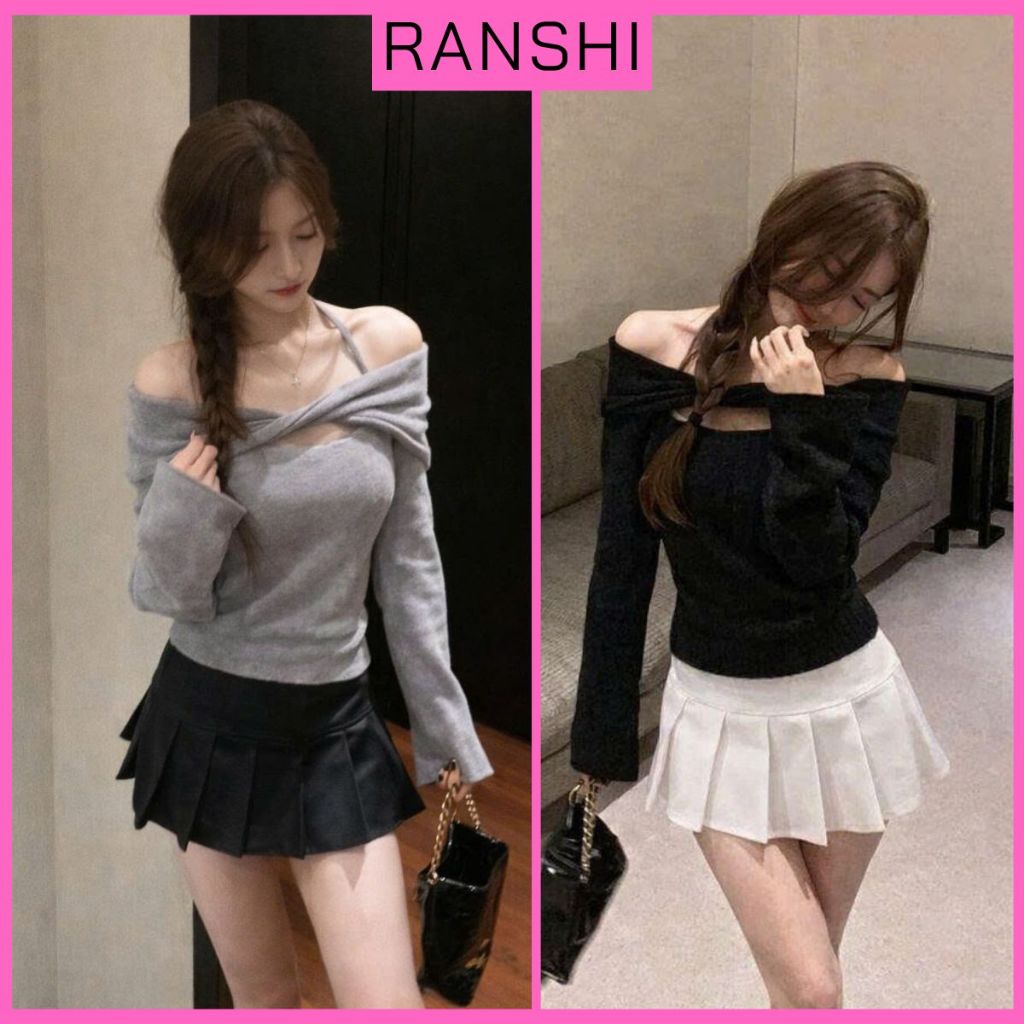[CÓ SIZE] Áo Thun Trễ Vai Dài Tay Phối Dây Buộc Cổ RANSHI Xoắn Ngực Ôm Dáng Chất Len Lông Thỏ Mềm Ấm - RA352