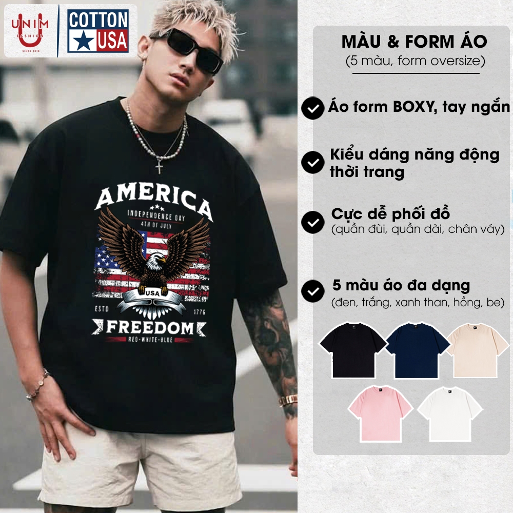 Áo Thun Cờ Mỹ USA Form Áo Boxy Nam Nữ Cổ Tròn Unim Store Hot Trend Vải Cotton 250gsm ATM