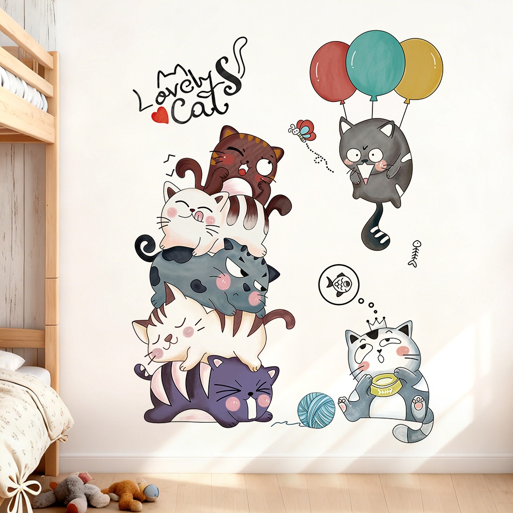 Decal Dán Tường Những Chú Mèo Tinh Nghịch Có Keo Sẵn 107x142cm - Trang Trí Phòng Ngủ Trẻ Em