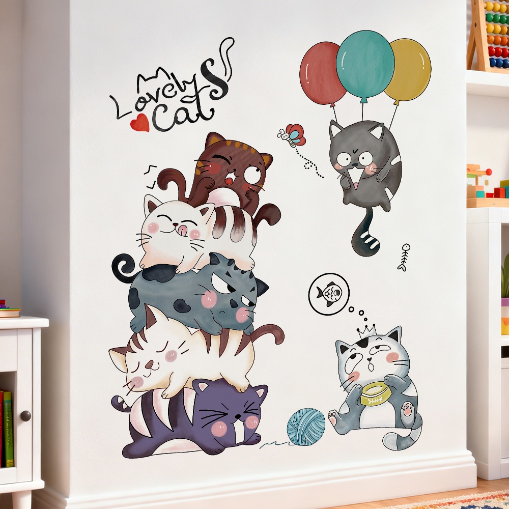Decal Dán Tường Những Chú Mèo Tinh Nghịch Có Keo Sẵn 107x142cm - Trang Trí Phòng Ngủ Trẻ Em
