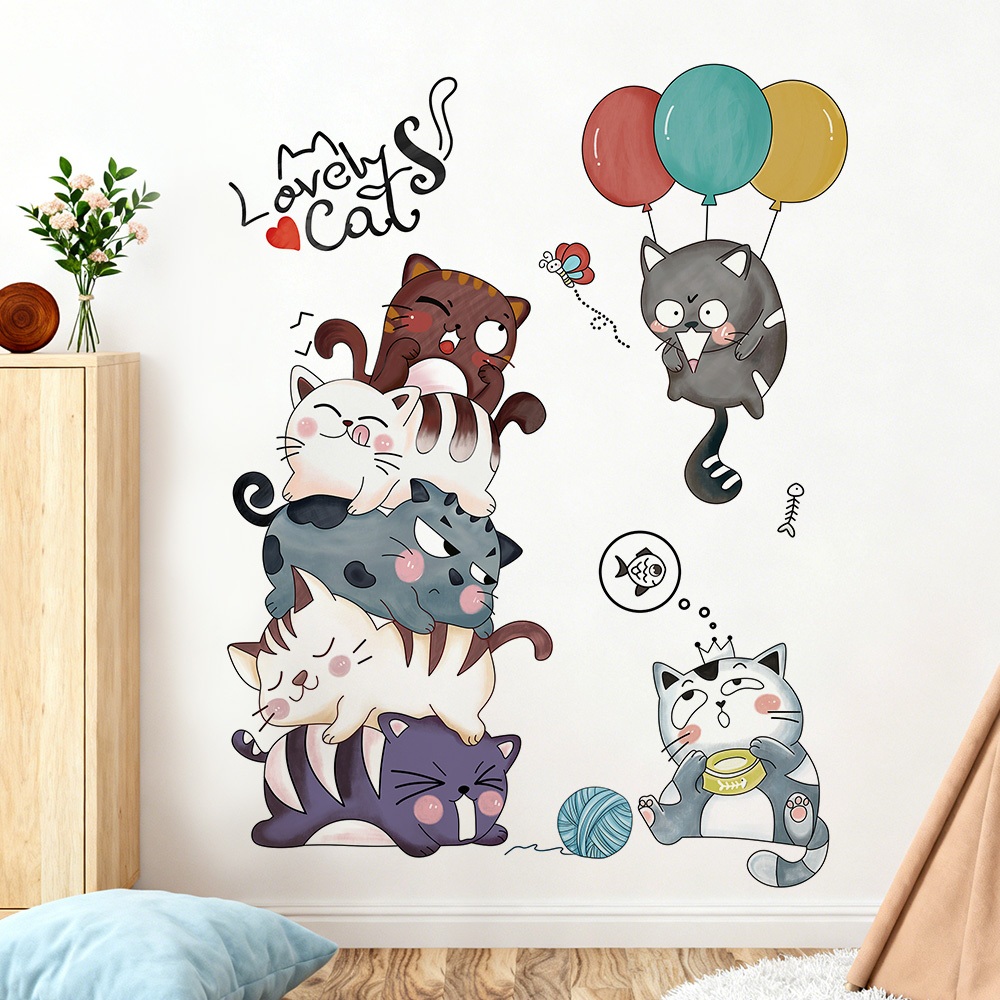 Decal Dán Tường Những Chú Mèo Tinh Nghịch Có Keo Sẵn 107x142cm - Trang Trí Phòng Ngủ Trẻ Em