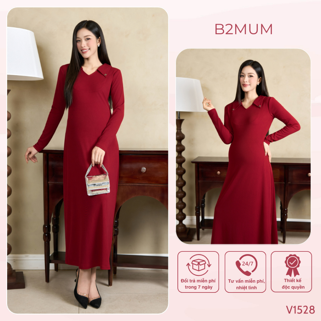 Váy len ĐỎ dài, form ôm dáng, mặc ĐI TIỆC, ĐI LÀM, ĐI CHƠI cả khi bầu và không bầu V1528 B2MUM