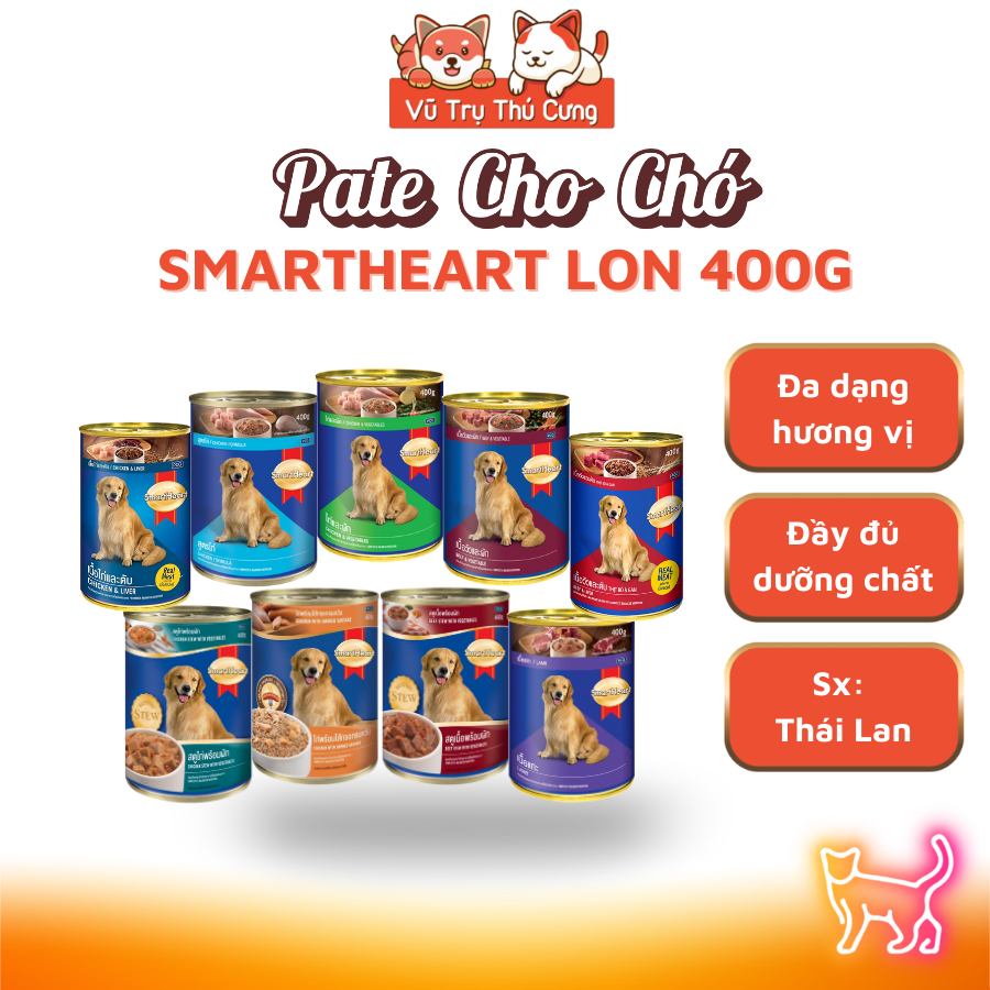 Pate Smartheart Cho Chó lon 400g nhiều dinh dưỡng, Thức ăn ướt cho chó vị Bò, Gà