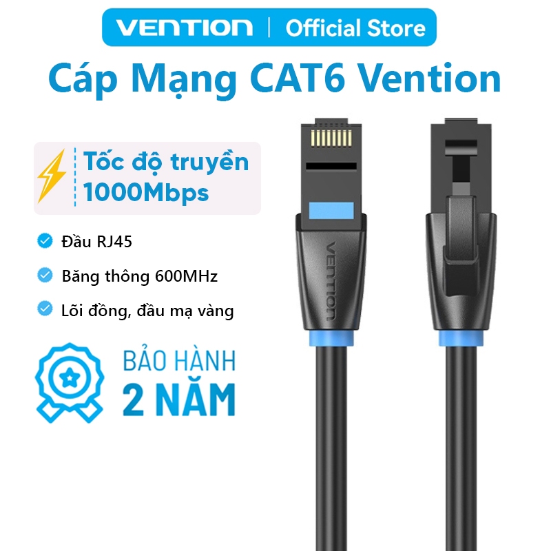 Cáp Mạng Cat6 Vention Cổng RJ45, 1000Mbps Băng Thông 250MHz, Dây Dẹt Gọn Gàng, Vỏ PVC Độ Bền Cao Tốc Độ Đột Phá
