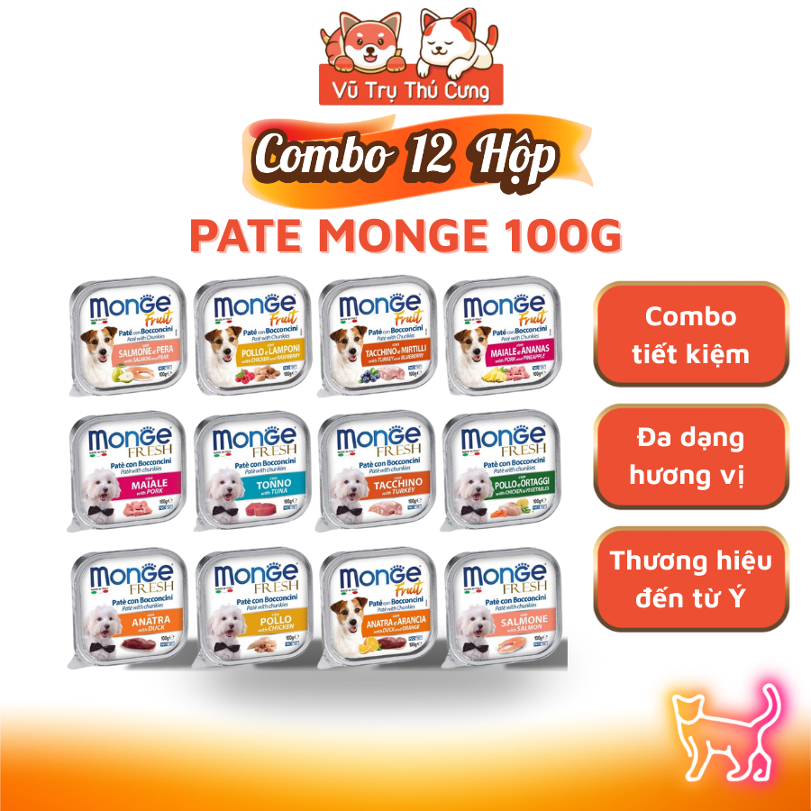 Combo 12 hộp Pate Monge cho Chó 100g, thành phần thịt và rau củ quả nhiều dinh dưỡng