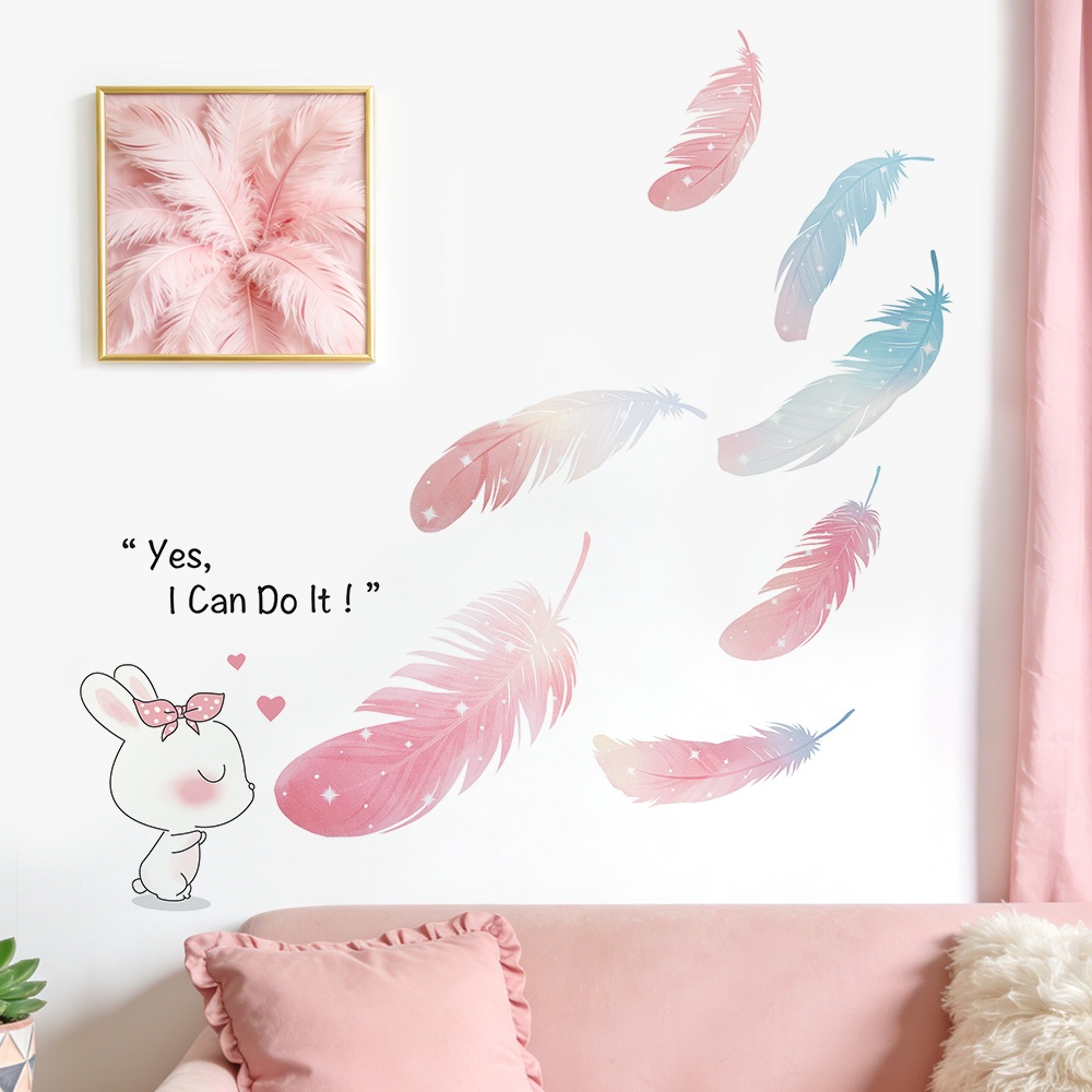 Decal Dán Tường Họa Tiết Hình Thỏ Và Lông Vũ Pastel Có Keo Sẵn 85x83cm – Trang Trí Phòng Cho Bé