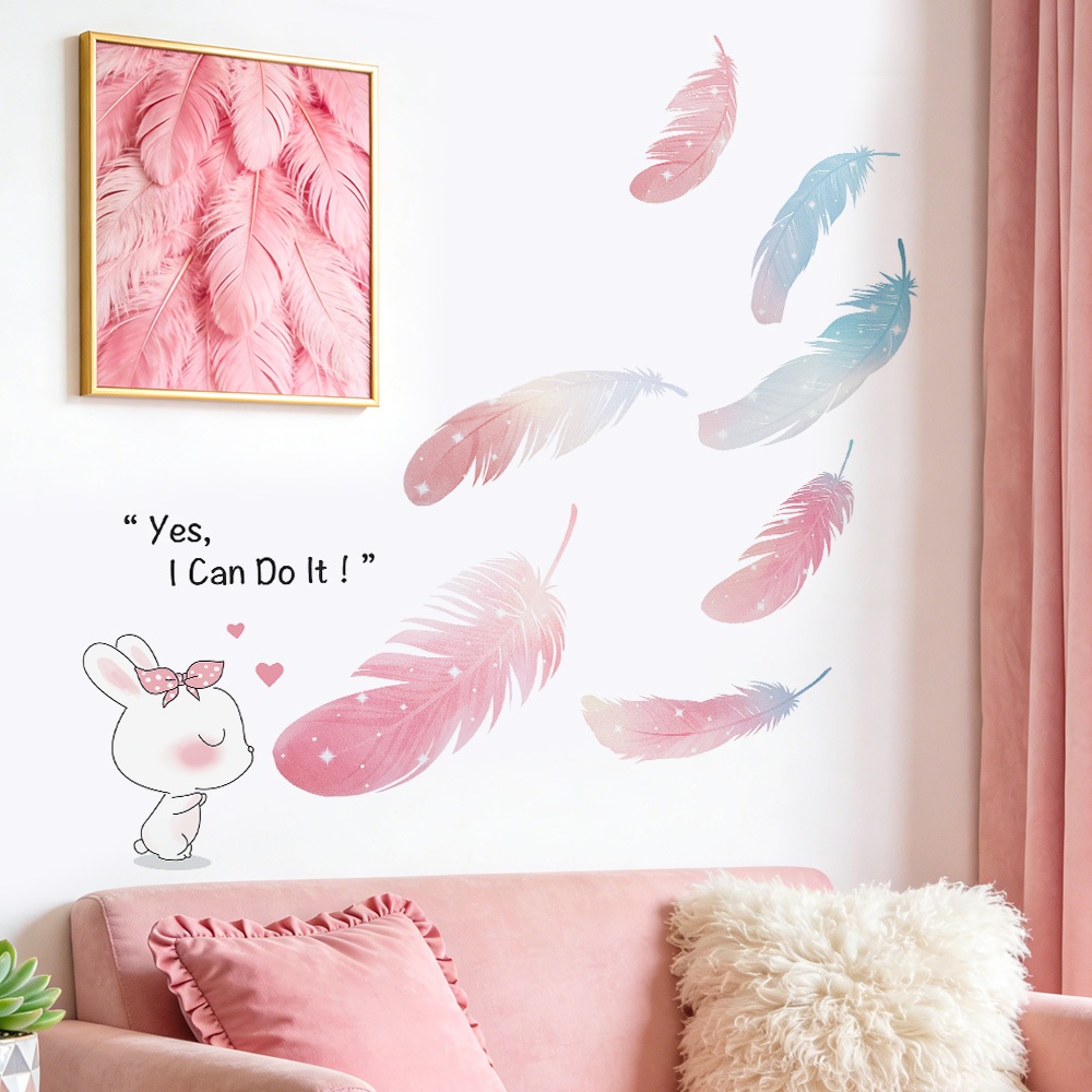 Decal Dán Tường Họa Tiết Hình Thỏ Và Lông Vũ Pastel Có Keo Sẵn 85x83cm – Trang Trí Phòng Cho Bé