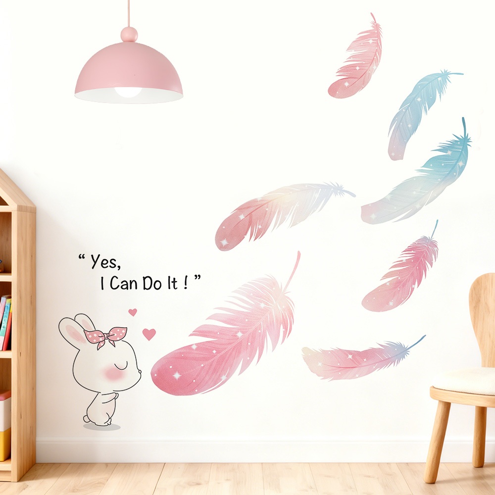 Decal Dán Tường Họa Tiết Hình Thỏ Và Lông Vũ Pastel Có Keo Sẵn 85x83cm – Trang Trí Phòng Cho Bé