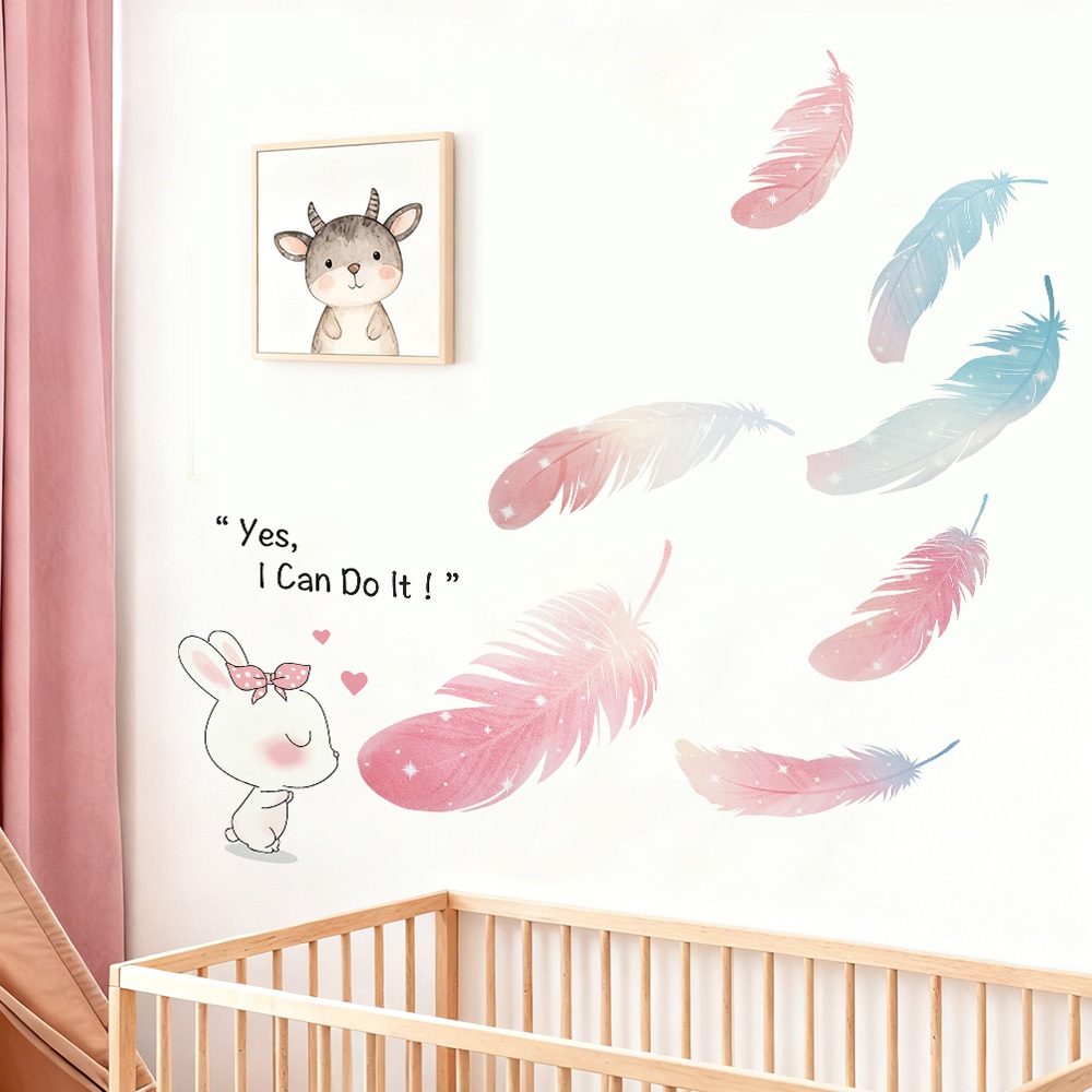 Decal Dán Tường Họa Tiết Hình Thỏ Và Lông Vũ Pastel Có Keo Sẵn 85x83cm – Trang Trí Phòng Cho Bé