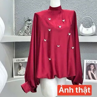 Áo Sơ Mi Lụa Đỏ Tay Bồng Họa Tiết Bướm Nữ Tính