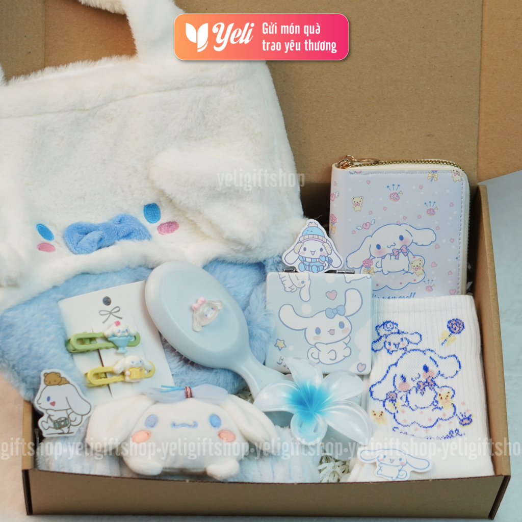 Set quà túi xách, túi nhung Cinnamoroll tặng bạn gái, người thân, hộp quà tặng Cinnamoroll kèm phụ kiện xinh xắn