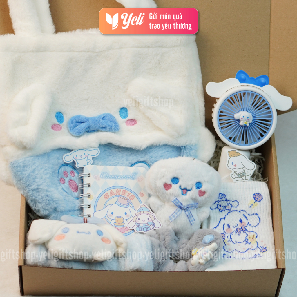 Set quà túi xách, túi nhung Cinnamoroll tặng bạn gái, người thân, hộp quà tặng Cinnamoroll kèm phụ kiện xinh xắn