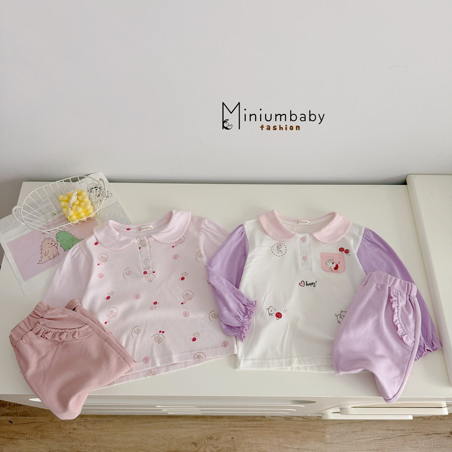 Set bộ dài tay bé gái cổ sen Miniumbaby in hình dễ thương bo ống tay áo, chất cotton mềm mịn SB2535