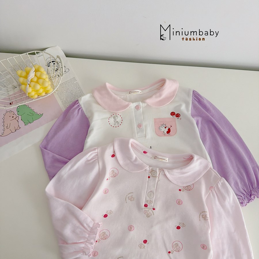 Set bộ dài tay bé gái cổ sen Miniumbaby in hình dễ thương bo ống tay áo, chất cotton mềm mịn SB2535