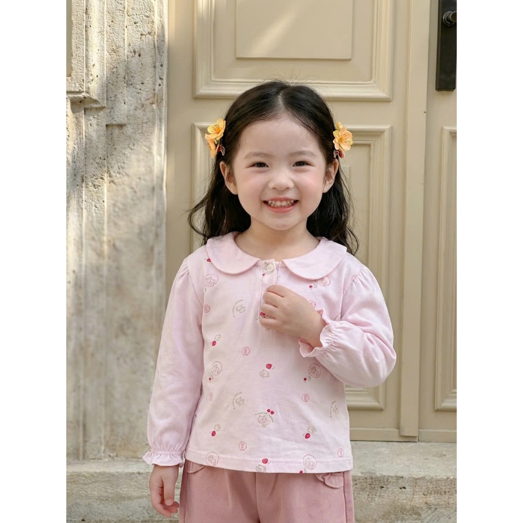 Set bộ dài tay bé gái cổ sen Miniumbaby in hình dễ thương bo ống tay áo, chất cotton mềm mịn SB2535