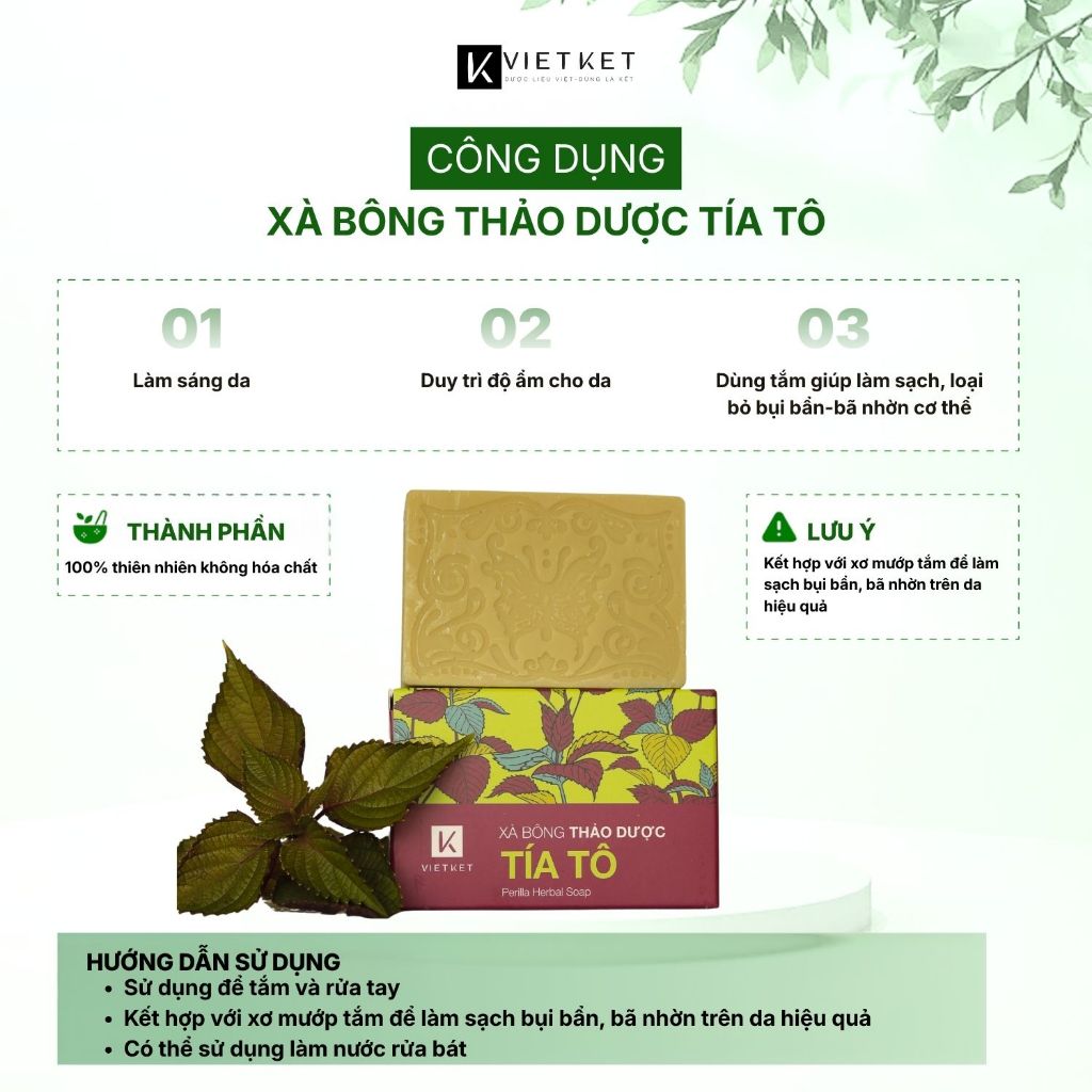 Xà Bông Tắm Dầu Dừa, Mù U, Tía Tô VIETKET 100g - Sạch Ghét, Sáng Da, Giảm Mụn, Mờ Thâm, Dưỡng Ẩm, Không Nhờn Rít