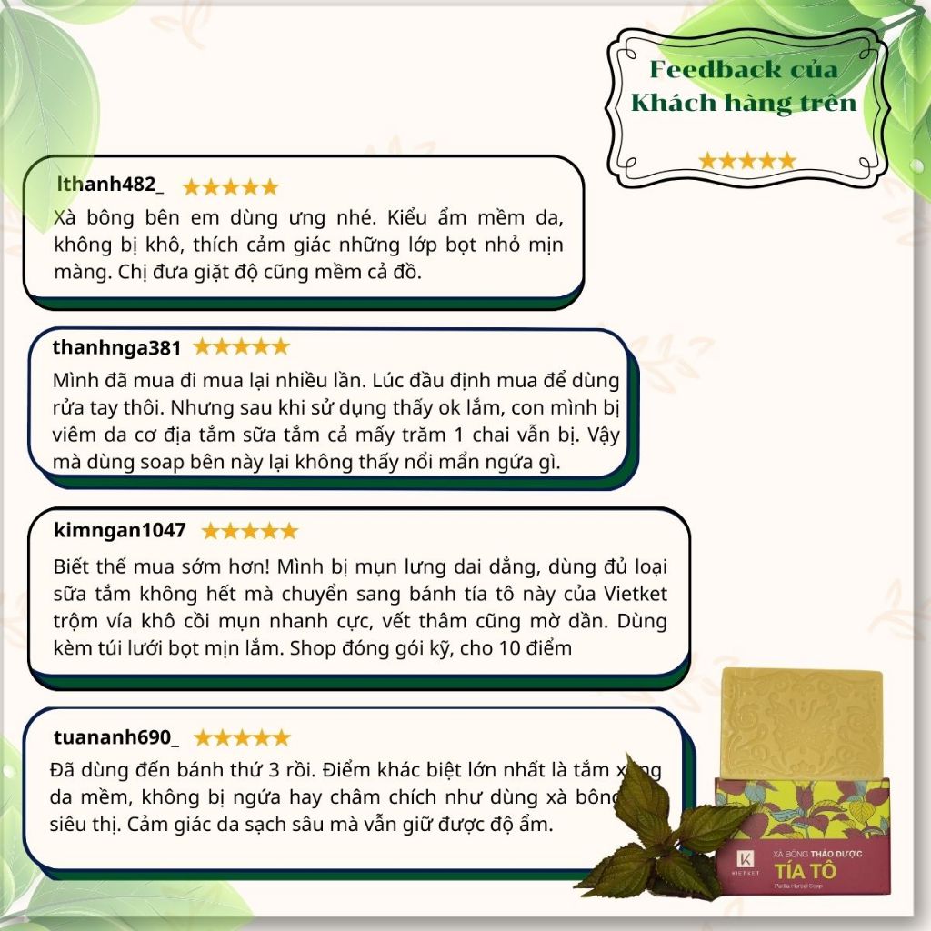 Xà Bông Tắm Dầu Dừa, Mù U, Tía Tô VIETKET 100g - Sạch Ghét, Sáng Da, Giảm Mụn, Mờ Thâm, Dưỡng Ẩm, Không Nhờn Rít
