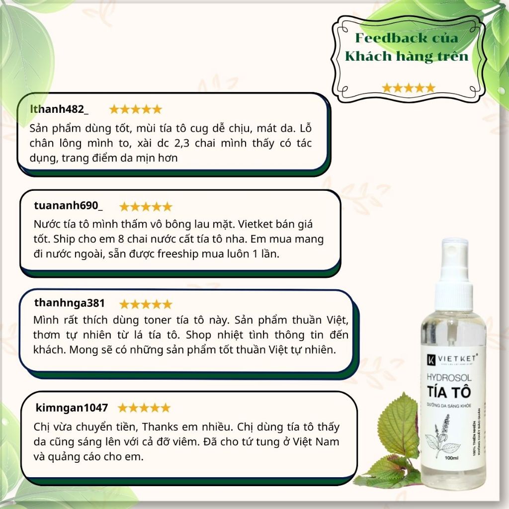 Xịt dưỡng da Thảo Dược Tía Tô VIETKET 100ml - Cấp nước, duy trì độ ẩm, Giảm mụn, giảm viêm, Sáng da, Nguyên Chất