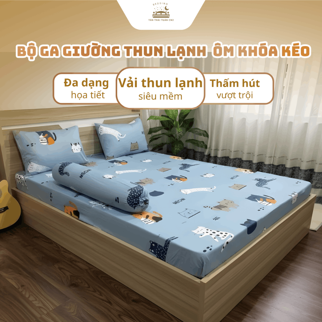 Bộ ga giường ÔM KHOÁ KÉO thun lạnh Hàn Quốc cao cấp 4 món gồm drap giường 2 áo gối nằm 1 áo gối ôm TTT
