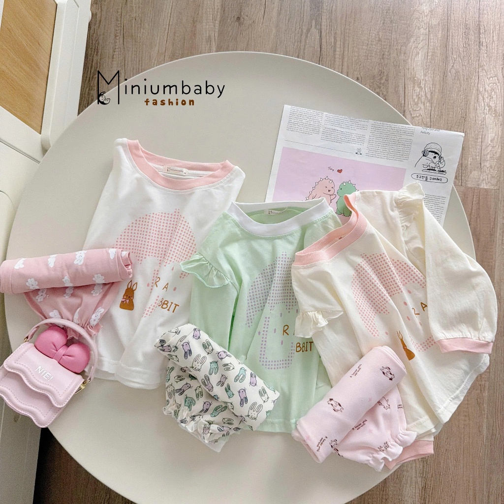 Set bộ dài tay bé gái Miniumbaby dáng cánh tiên hỉnh thỏ cute, chất cotton mềm mại thoáng mát SB2506