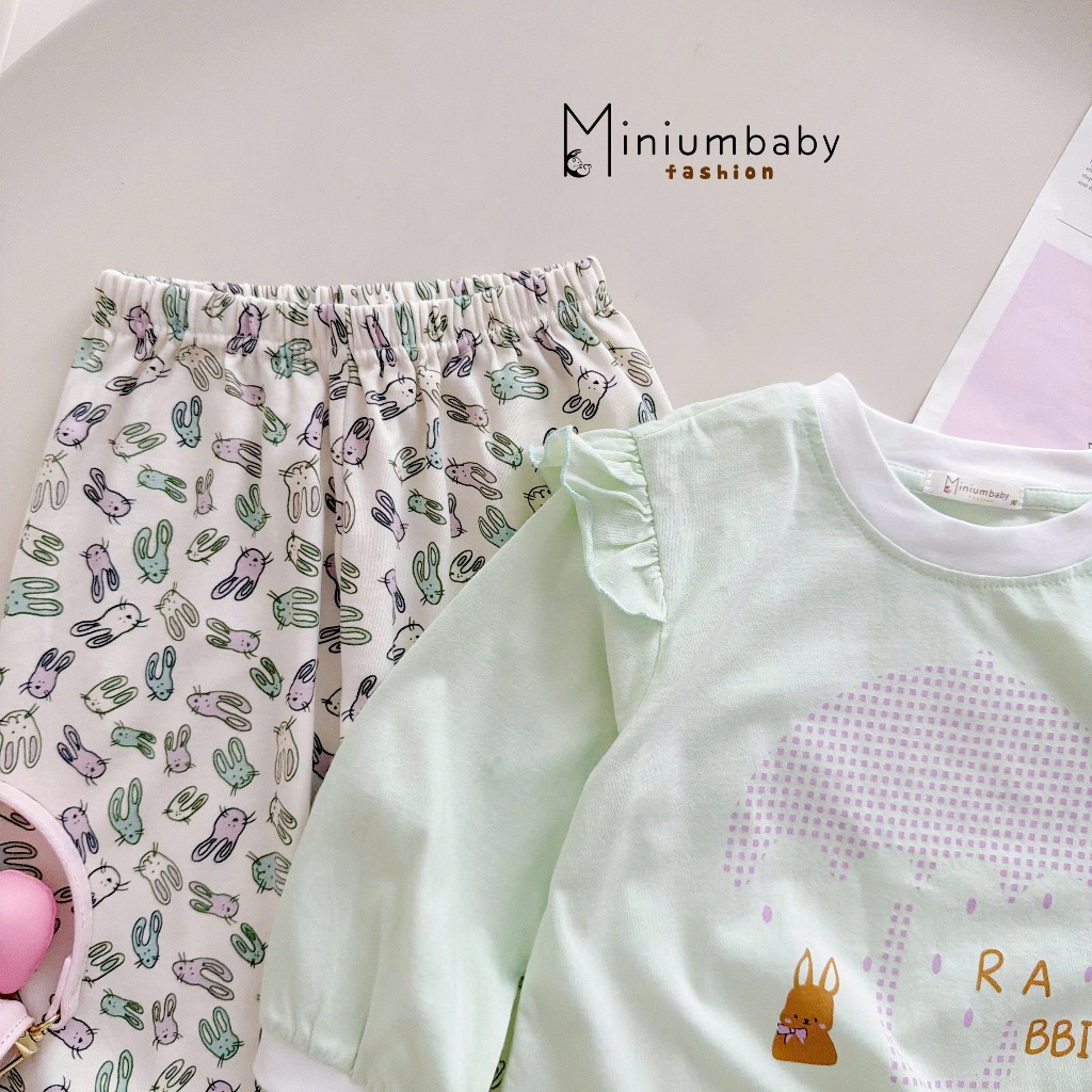Set bộ dài tay bé gái Miniumbaby dáng cánh tiên hỉnh thỏ cute, chất cotton mềm mại thoáng mát SB2506