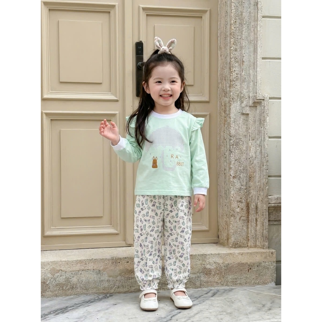 Set bộ dài tay bé gái Miniumbaby dáng cánh tiên hỉnh thỏ cute, chất cotton mềm mại thoáng mát SB2506