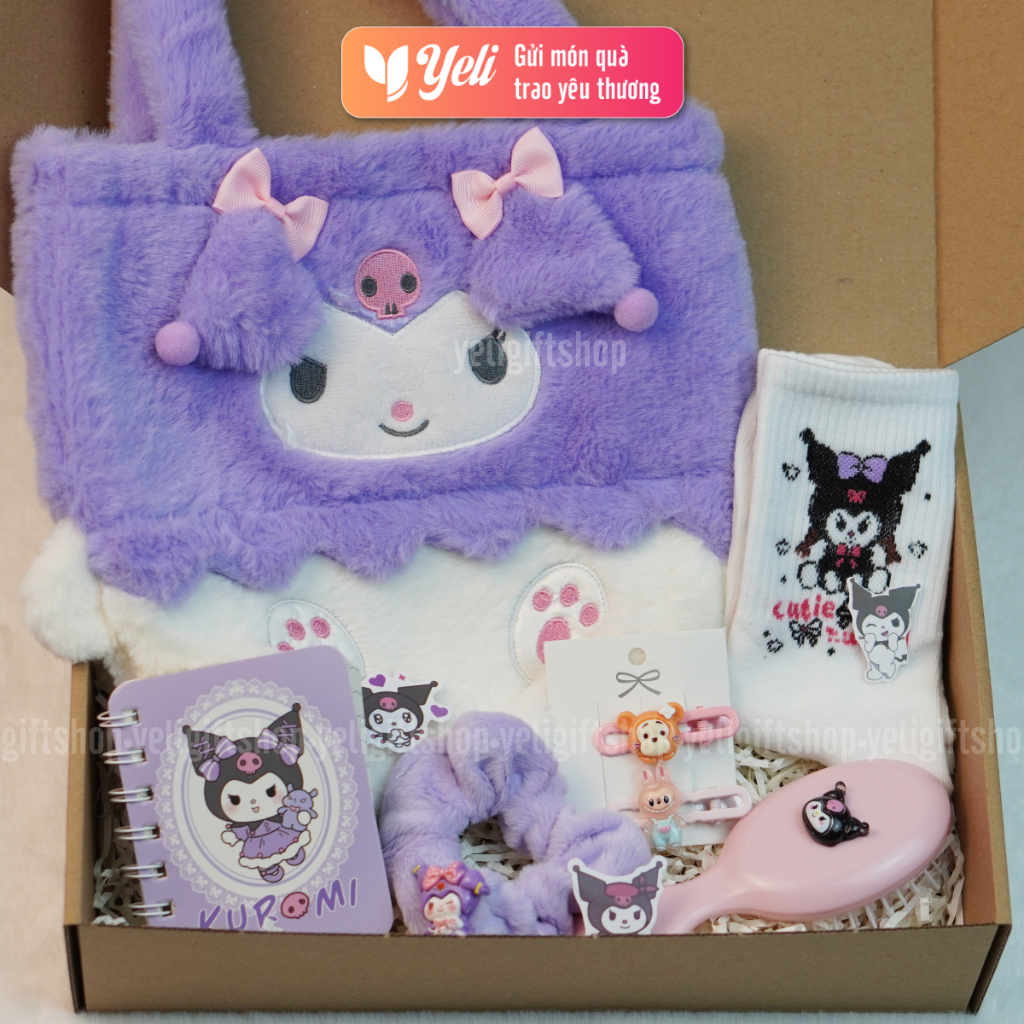 Set quà túi xách, túi nhung Kuromi tặng bạn gái, người yêu, người thân, hộp quà tặng phụ kiện Kuromi tặng bé gái