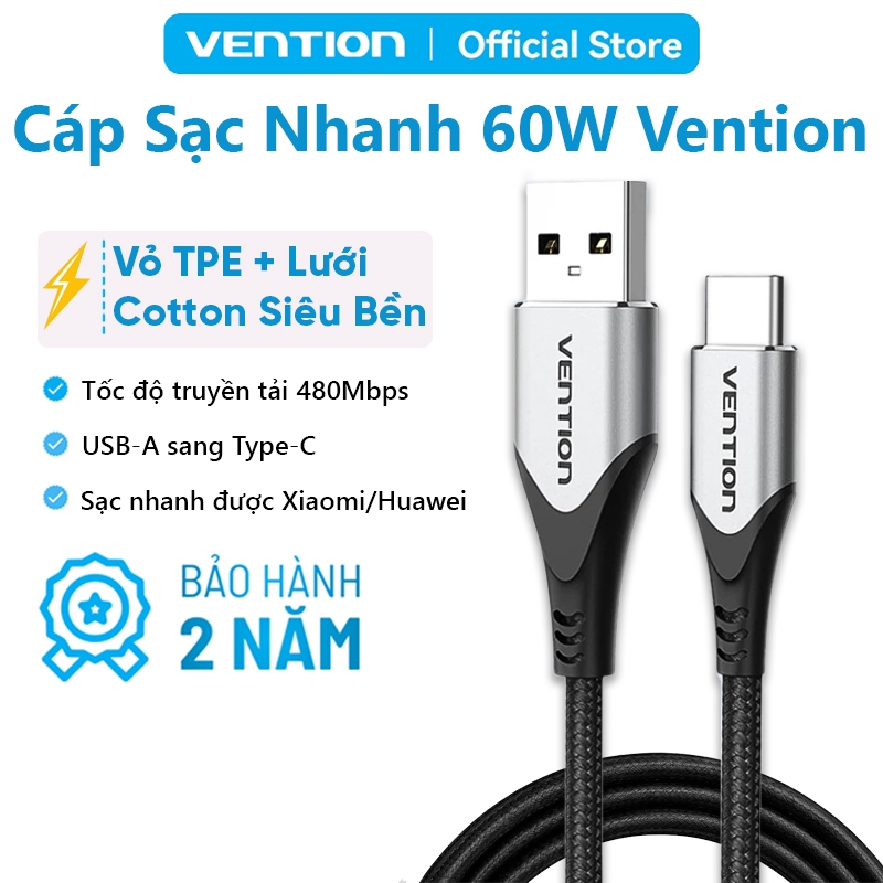 Dây Cáp Sạc Nhanh 60W USB Type-C Vention, Tốc Độ Truyền 480Mbps Cho Huawei Samsung Xiaomi Redmi Dài 1m,1,5m,2m