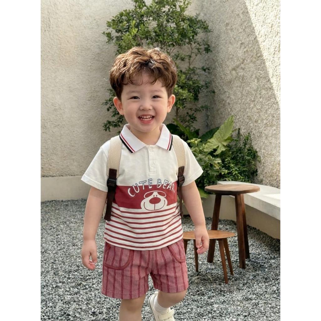 Set bộ polo cộc tay bé trai hình gấu cute kẻ ngang chất vải cotton mềm mại co giãn Miniumbaby SB2598
