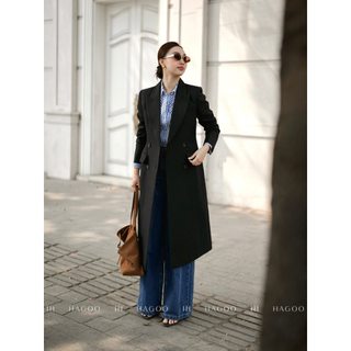 Áo Mangto nữ dáng dài HAGOO 3 màu Kẻ sọc/ Đen/ Nâu phong cách thanh lịch [B535]