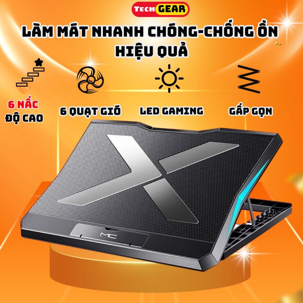 Đế tản nhiệt laptop TECHGEAR Q3 có 6 quạt làm mát nhanh chống ồn đèn ...