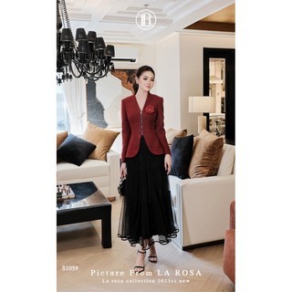 Set Áo Dạ Cổ V Đính Hoa Sang Trọng LA ROSA Phối Chân Váy Dài Tôn Dáng Mặc Dự Tiệc, Công Sở, Lễ Tết,..S1059