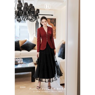 Set Áo Dạ Cổ V Đính Hoa Sang Trọng LA ROSA Phối Chân Váy Dài Tôn Dáng Mặc Dự Tiệc, Công Sở, Lễ Tết,..S1059