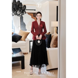 Set Áo Dạ Cổ V Đính Hoa Sang Trọng LA ROSA Phối Chân Váy Dài Tôn Dáng Mặc Dự Tiệc, Công Sở, Lễ Tết,..S1059