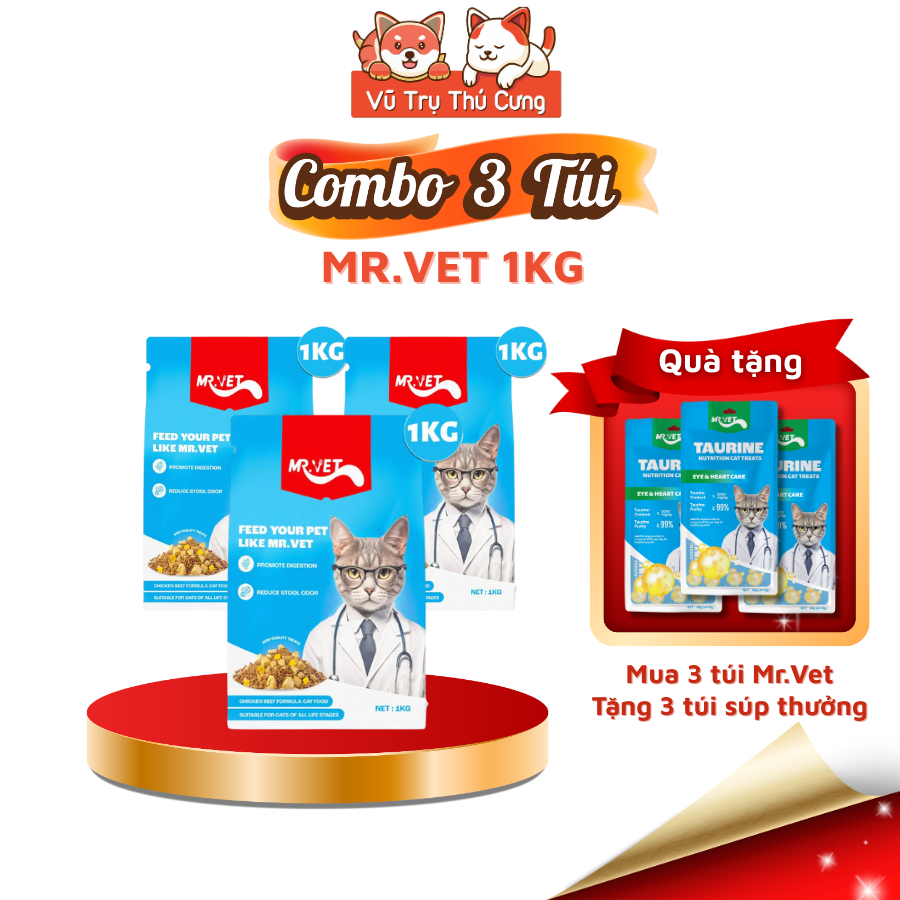 [COMBO 3 TÚI] Hạt Mr.Vet Topping Thịt Sấy Không Độn Ngũ Cốc, Hỗ Trợ Mượt Lông Da Cho Mèo