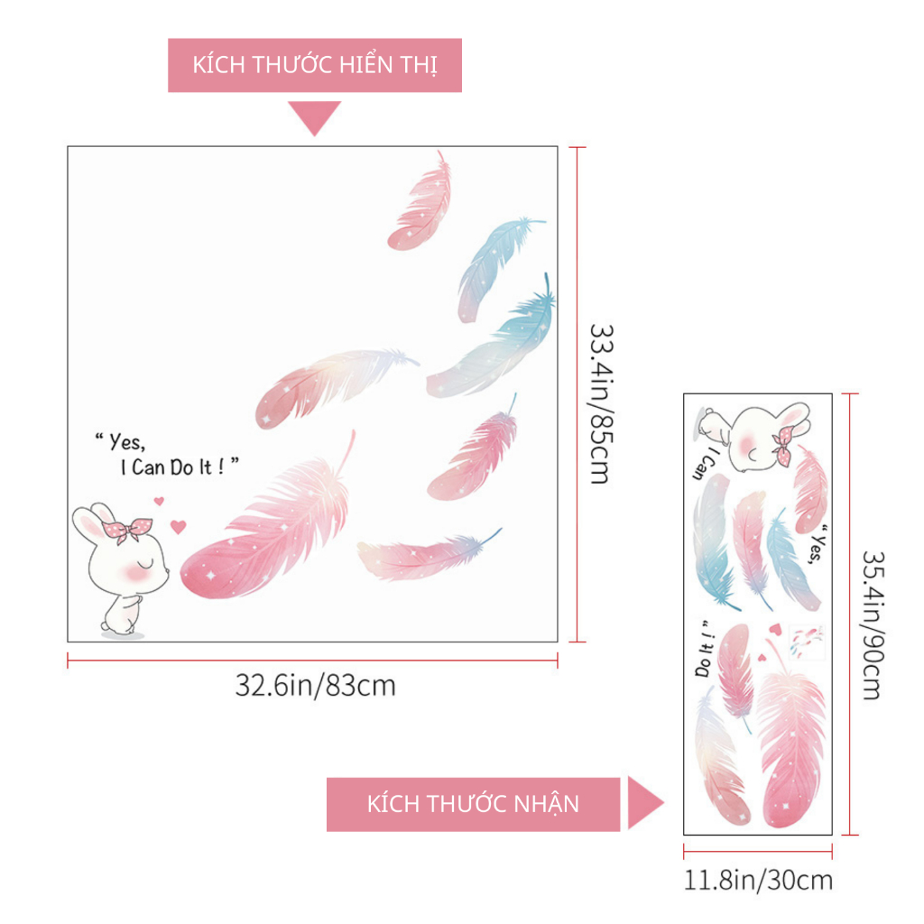 Decal Dán Tường Họa Tiết Hình Thỏ Và Lông Vũ Pastel Có Keo Sẵn 85x83cm – Trang Trí Phòng Cho Bé