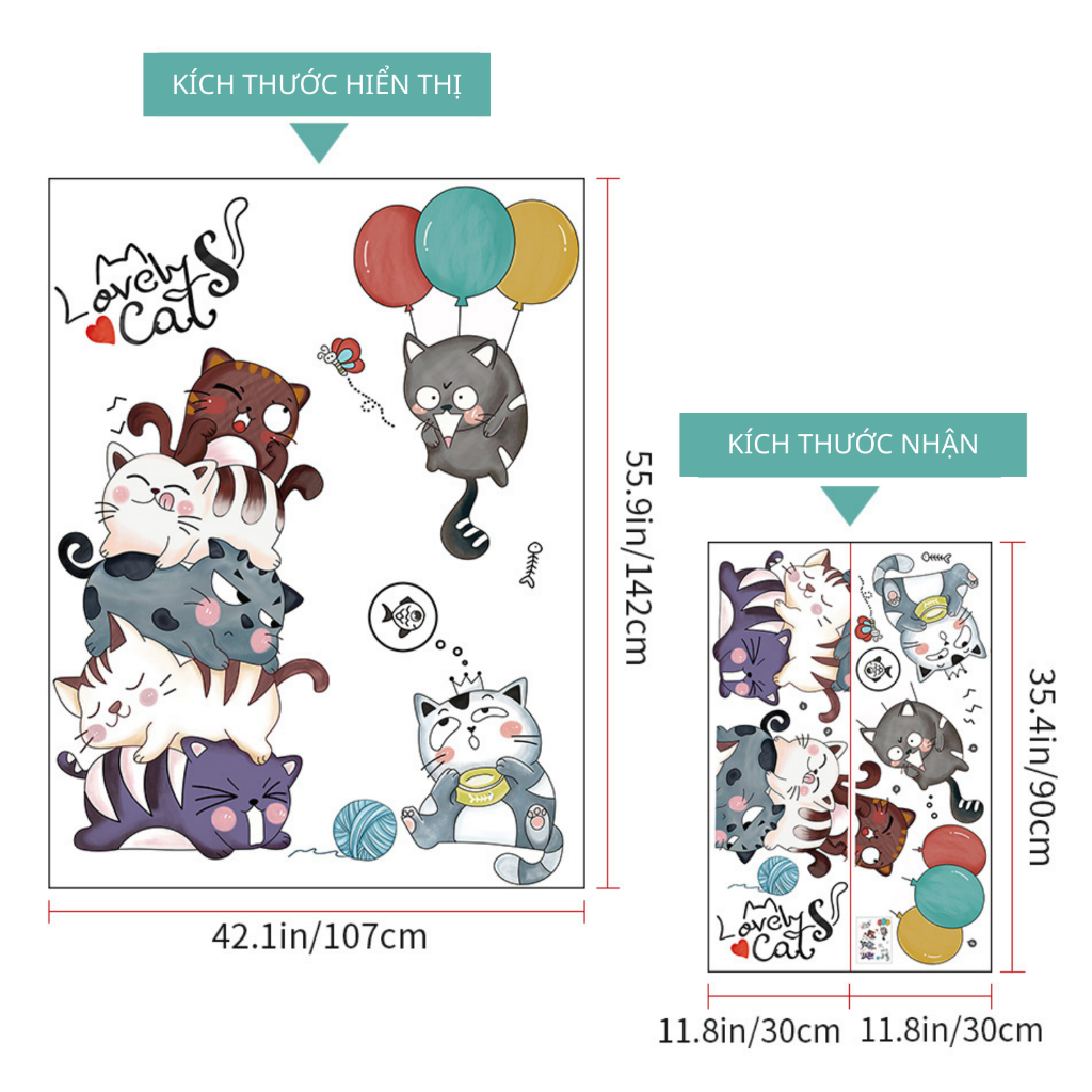 Decal Dán Tường Những Chú Mèo Tinh Nghịch Có Keo Sẵn 107x142cm - Trang Trí Phòng Ngủ Trẻ Em